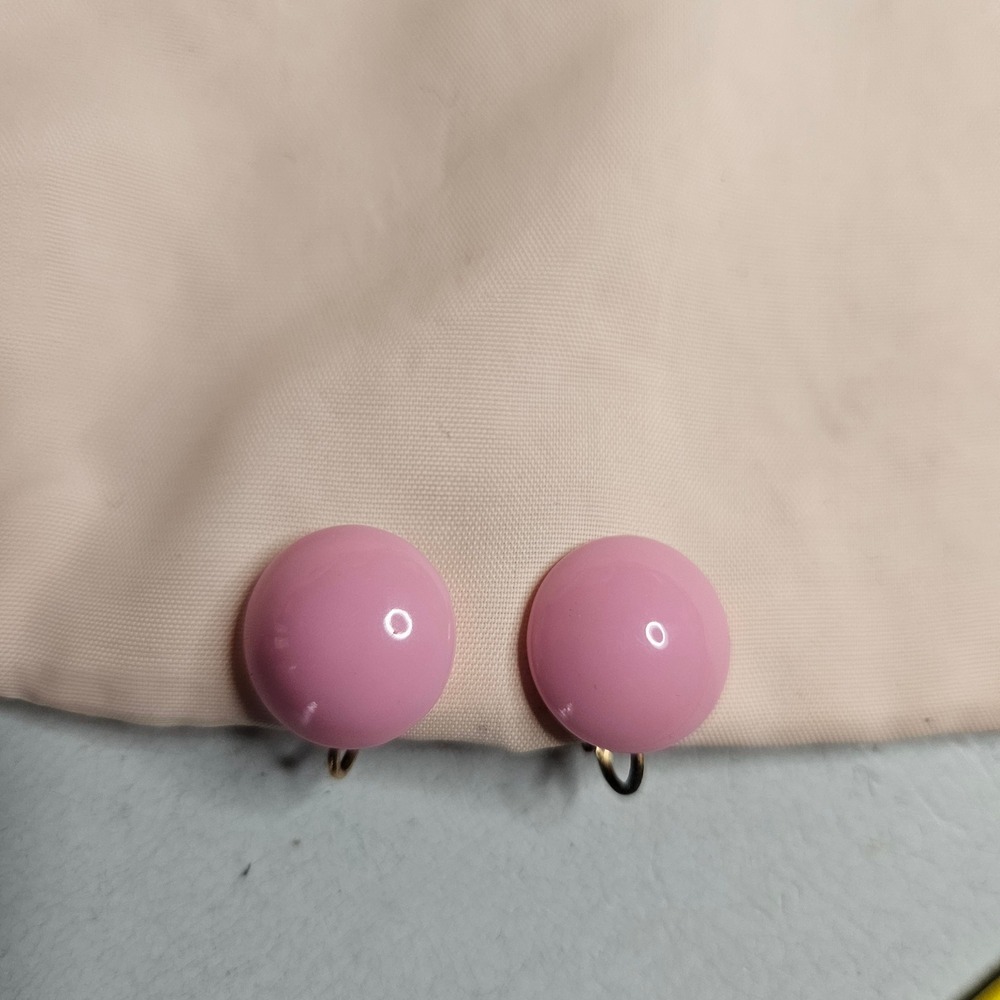 Vintage Richelieu Pink Cabochon Dome Button Clip On Earrings Gold Tone Retro
